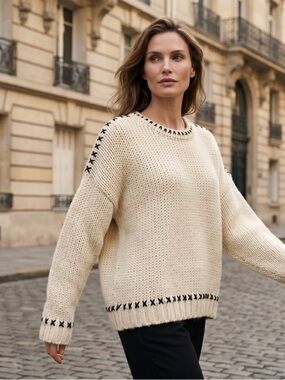 Elegant Cream Sweater with Black Detailing Perfect For Cold Days & Layering
